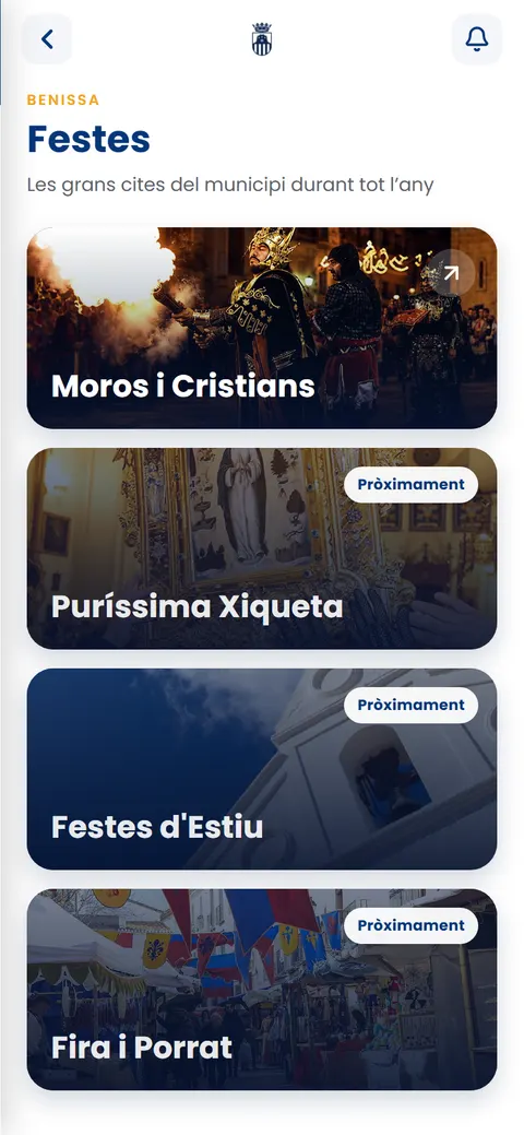 Pantalla de fiestas de la app de Benissa: Moros i Cristians, Puríssima Xiqueta, Festes d’Estiu y Fira i Porrat