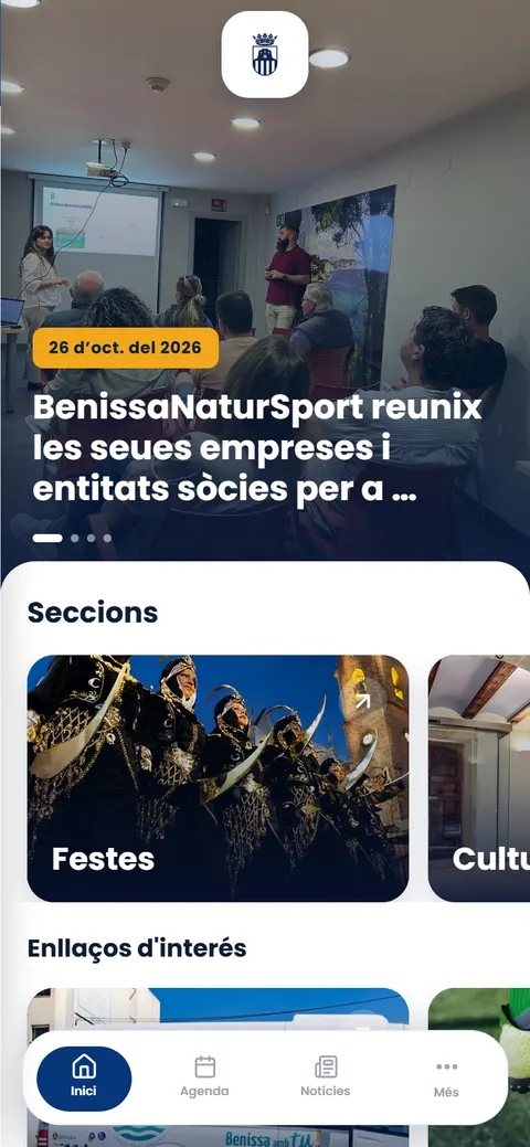 Pantalla de inicio de la app de Benissa, con la última noticia municipal y el acceso a las secciones
